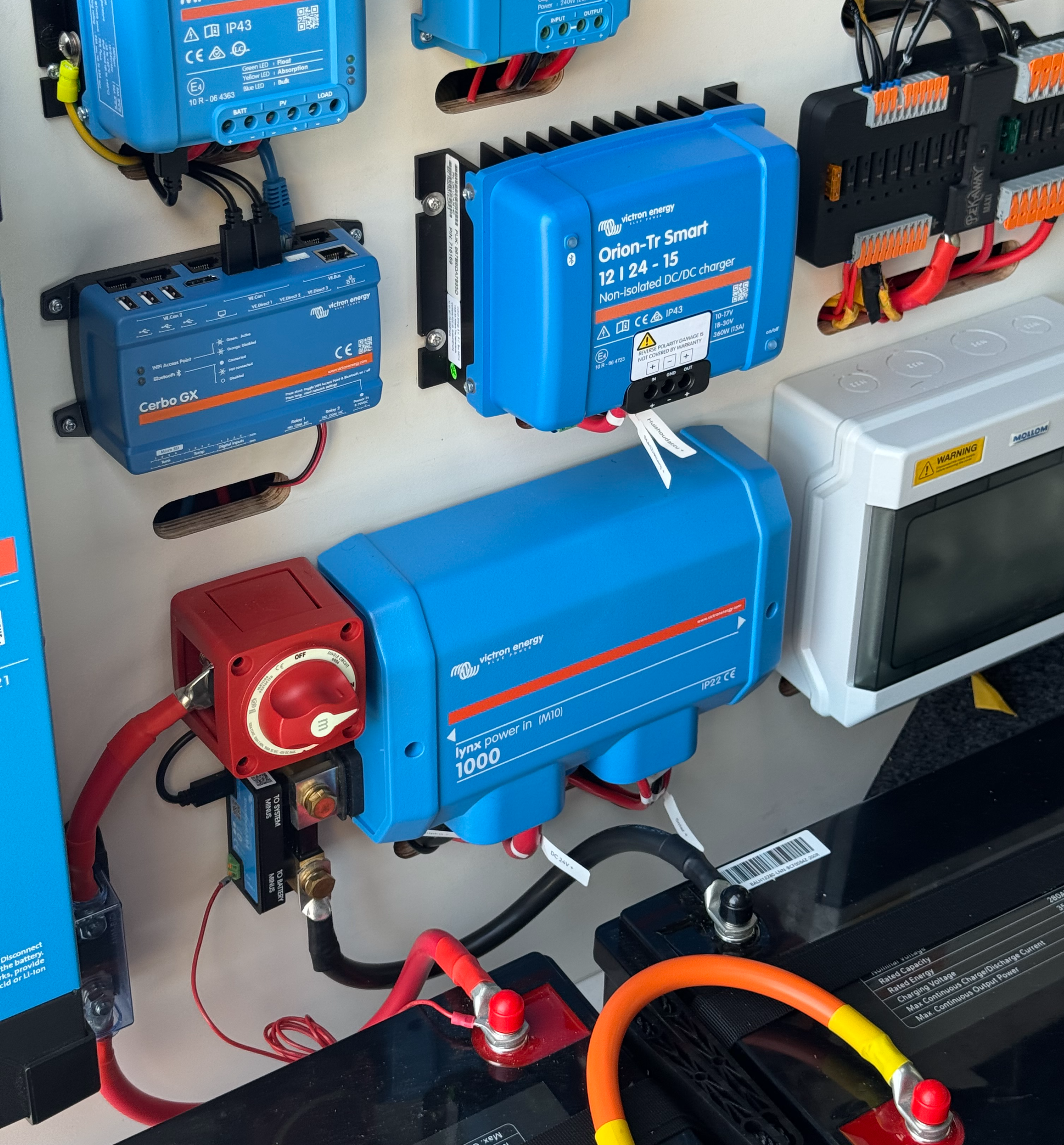 Close-up van de elektrische setup in de camper Elektrische setup camper close up